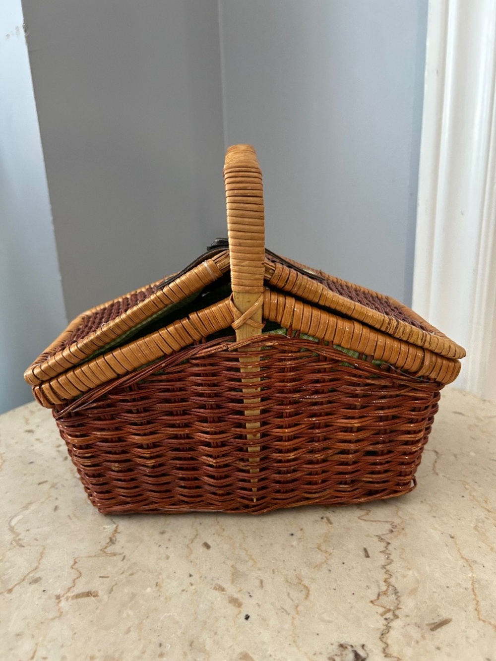 Vintage Handwoven Wicker Picnic Basket with Leather Strap & Handle